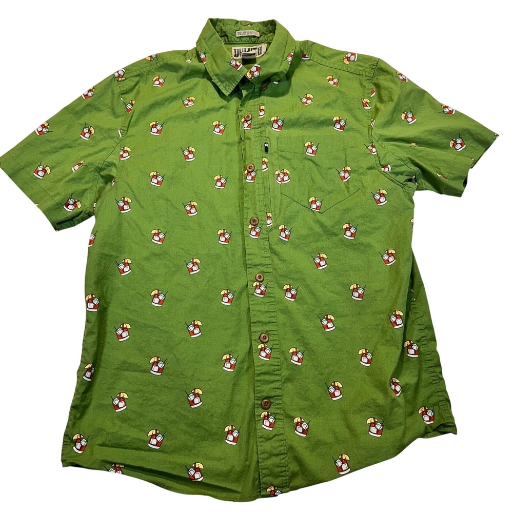 Duluth Trading Co Untucked Mens M Green Cocktail Drink Print Button Up Shirt